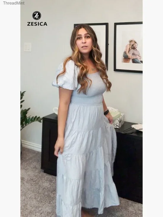 Summer Square Neck Puff Sleeve Smocked Midi Dress High Waist Flowy Tiered - Picture 7 of 7